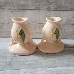 Vintage  Hull Magnolia Ceramic Floral Candle Holders Pink & Green Pair